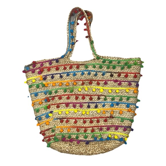 Circus Sam Edelman Tote Jute Beach Bag Rainbow Pom Boho Resort Shopping Festival - Picture 1 of 9